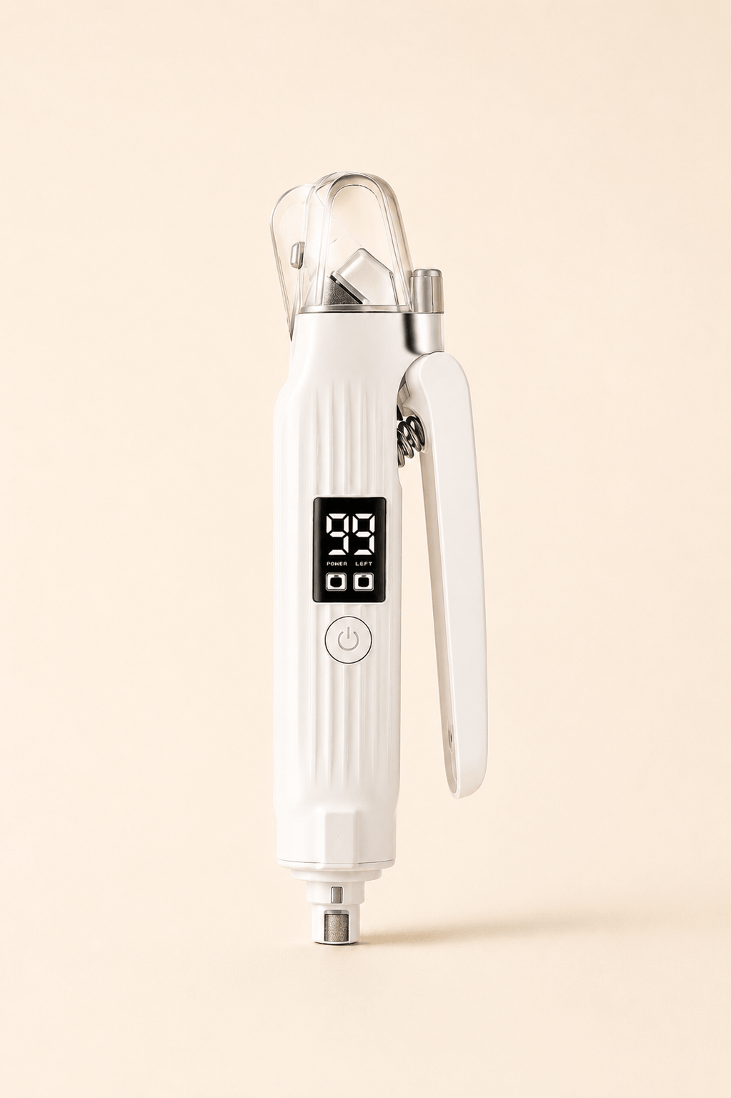 Electric pet nail trimmer with LED light, digital display, and ergonomic design for safe pet grooming.