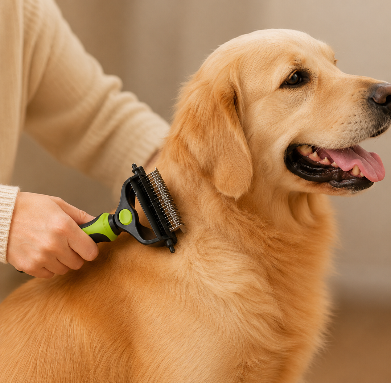 Pet Deshedding Brush- being used to deshed dog's hair
