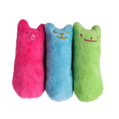 Interactive catnip cat toy featuring colorful, plush chew toys for cats with cute animal faces.