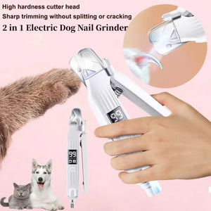Electric pet nail trimmer being used on a dog's nail, showcasing LED light and efficient grinding features.