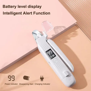 Electric pet nail trimmer with LED light, battery level display, and intelligent alert function for pet grooming.