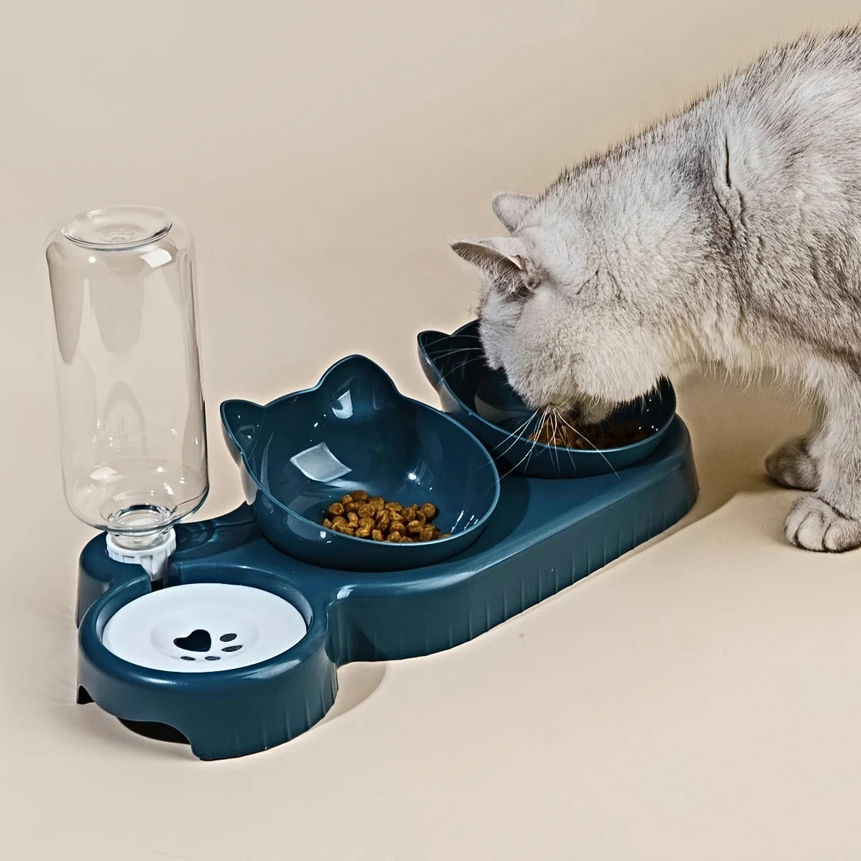 3-in-1 cat food and water bowl- with cat eating with it