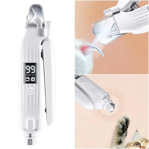 Electric pet nail trimmer with LED light for dogs and cats, showing the trimmer's display and cutting tip.