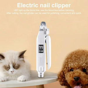 Electric pet nail trimmer being demonstrated next to a cat and dog, showcasing grooming versatility with LED light.