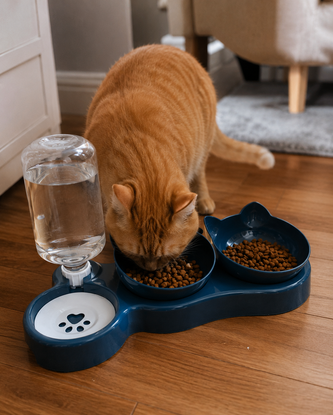 3-in-1 cat food and water bowl- with cat eating on it