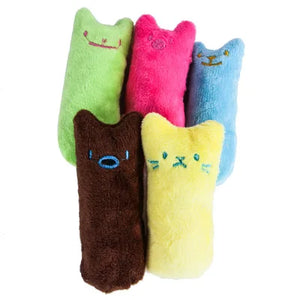 Interactive catnip cat toy featuring colorful, plush chew toys for cats with cute animal faces.