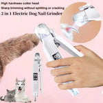 Electric pet nail trimmer being used on a dog's nail, showcasing LED light and efficient grinding features.