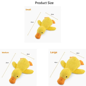 Product size chart showing small, medium, and large interactive duck dog toys for pets.