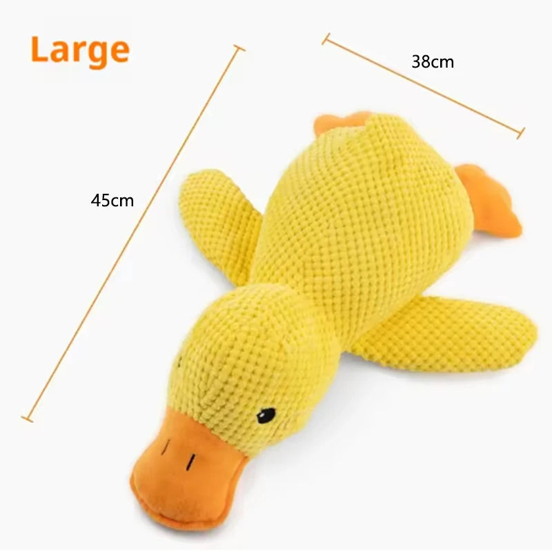 Large yellow interactive duck dog toy measuring 38cm by 45cm, perfect for pet boredom relief.