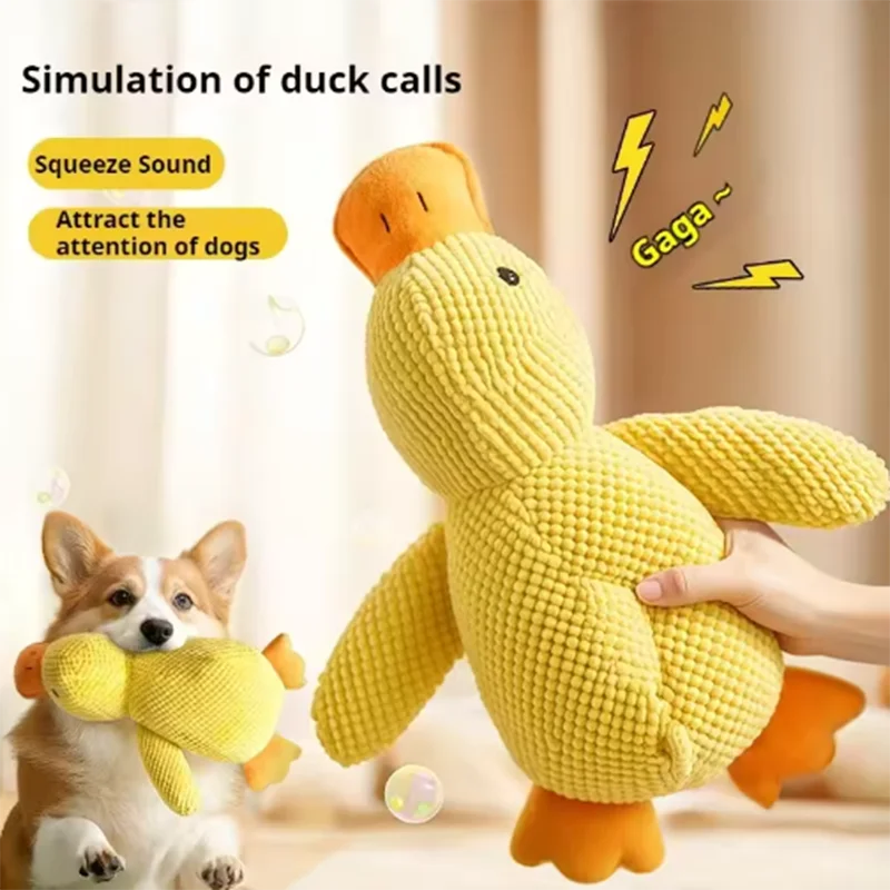 Dog playing with an interactive duck dog toy, simulating duck calls and enticing playtime.