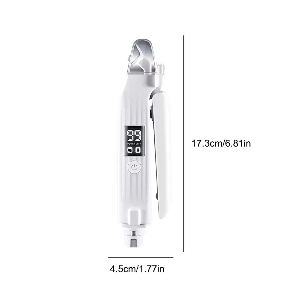 Electric pet nail trimmer and grinder with LED light, dimensions 17.3cm x 4.5cm, designed for dogs and cats.